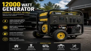 Portable 12000 watt generator with heavy duty wheels for easy transport