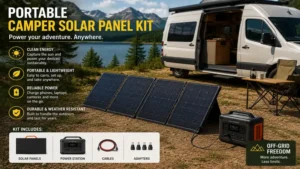 portable camper solar panel kit beside a camper van at a remote campsite