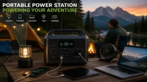 Portable power stations hub powering camping lights, laptops, phones, and outdoor devices at a campsite