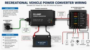 recreational vehicle power converter wiring connected to RV battery and fuse panel
