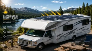 RV equipped with rv 48 volt solar kit rooftop solar panels generating clean off-grid energy
