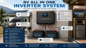 rv all in one inverter system connected to lithium batteries and solar panels