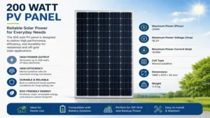 Front view of a 200 watt pv panel showing key specifications and solar power features