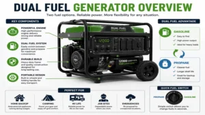 Overview of a best dual fuel generator showing key components and fuel selection features