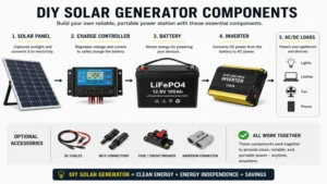 diy solar generator components including battery pack, inverter, charge controller, and solar panels