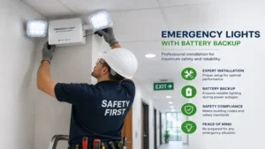 Emergency lights with battery backup installation on a commercial ceiling showing proper placement for emergency exits