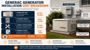 Cost of generac generator installed cost breakdown showing equipment, labor, permits, and electrical work expenses
