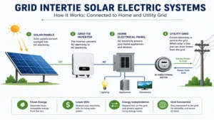 Diagram showing how grid intertie solar electric systems connect solar panels to the utility grid
