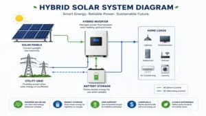 Hybrid solar system diagram showing solar panels, inverter, battery, utility grid, and household loads