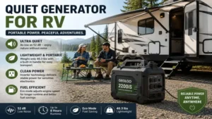 Portable quiet generator for rv use beside a travel trailer at a camping site