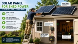 Homeowner installing a solar panel for shed power on a backyard shed roof for reliable off-grid electricity