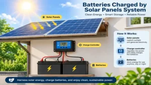 Batteries charged by solar panels connected through a complete solar power system