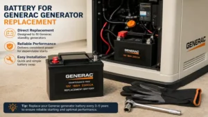 Battery for generac generator replacement with a new sealed battery ready for installation.