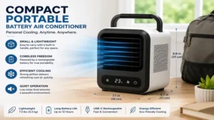 Compact portable battery air conditioner with lightweight design for personal cooling