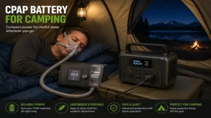 Compact cpap battery for camping connected to a CPAP machine inside a camping tent.