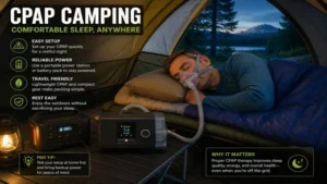 CPAP camping setup with a CPAP machine beside a sleeping bag inside a tent