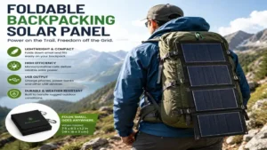 Foldable backpacking solar panel attached to a hiking backpack for off-grid charging