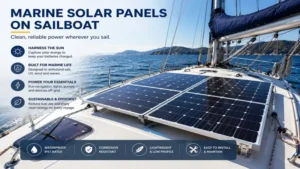 Marine solar panels mounted on the deck of a sailboat generating clean energy