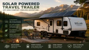 Solar powered travel trailer parked at a scenic campsite with efficient rooftop solar panels