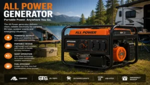 Portable all power generator supplying reliable electricity for camping, RV trips, and outdoor events.