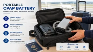 Portable CPAP battery packed for convenient travel and overnight sleep apnea therapy.