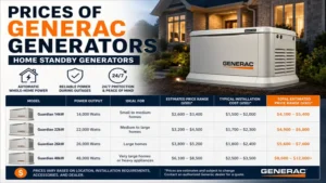 Prices of Generac generators for home standby models with different power capacities and estimated costs.