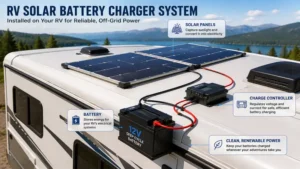 RV solar battery charger system installed on an RV roof with solar panels, charge controller, and battery bank