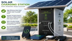 Close-up view of a solar charging station featuring high-efficiency solar panels and USB charging ports.