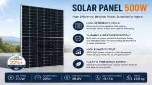 Front view of a solar panel 500w showing high-efficiency photovoltaic cells.