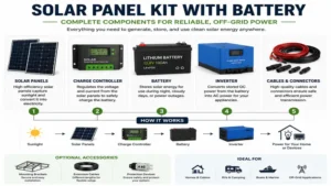 Main components included in a solar panel kit with battery, including solar panels, charge controller, inverter, and battery
