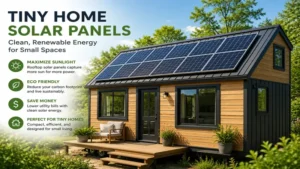 tiny home solar panels mounted on a small house roof generating clean renewable electricity