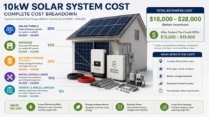 10kw solar system cost breakdown showing solar panels, inverter, battery storage, installation, labor, and other system expenses