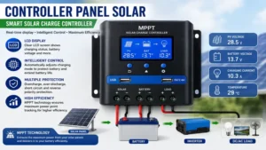 controller panel solar with a digital display showing solar charging performance