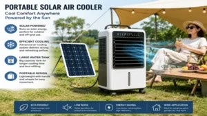 Portable solar air cooler operating outdoors with solar power for convenient cooling