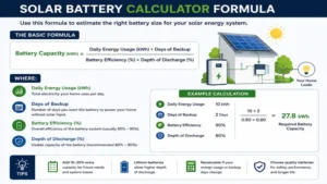 Solar battery calculator formula for estimating battery capacity based on daily energy usage, backup days, battery efficiency, and depth of discharge.