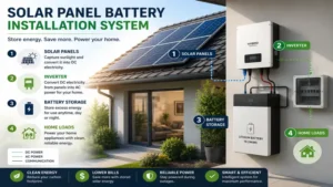 Solar panel battery installation system connecting rooftop solar panels to battery storage and a hybrid inverter