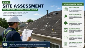 how to install solar energy beginning with a roof inspection and solar site assessment for maximum sunlight exposure