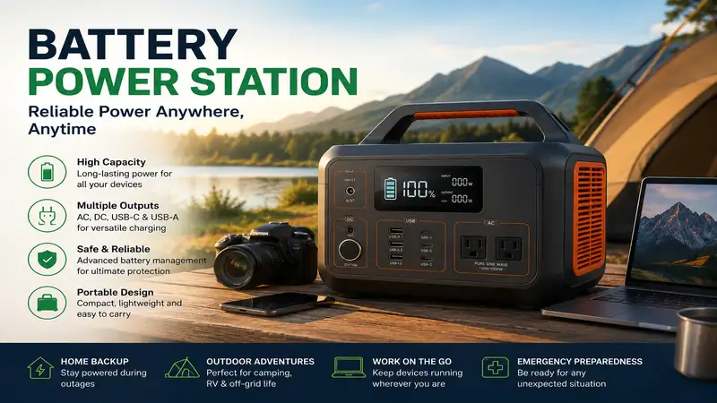 battery power station providing reliable backup power for outdoor activities and emergency use