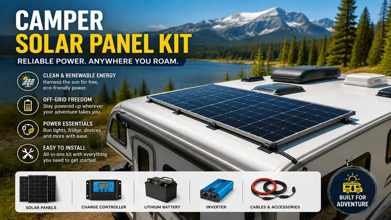 camper solar panel kit installed on an RV roof for off-grid camping power