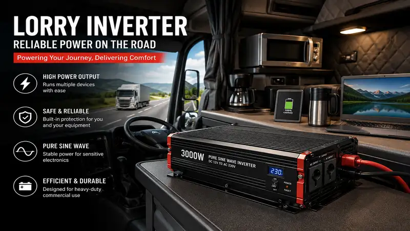 Heavy-duty lorry inverter powering appliances and devices inside a commercial truck cabin