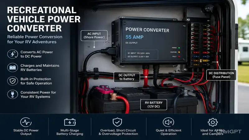 recreational vehicle power converter installed inside a modern RV electrical system