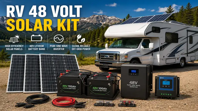 Complete rv 48 volt solar kit setup with lithium batteries, inverter, and rooftop solar panels for off-grid RV travel
