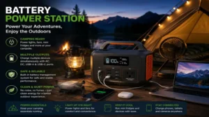 battery power station powering lights and devices at a campsite during an outdoor adventure