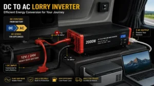 DC to AC lorry inverter connected to a truck battery for efficient energy conversion