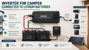 inverter for camper connected to lithium batteries in an efficient off-grid camper electrical system