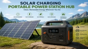 Portable power stations hub connected to solar panels for clean and renewable outdoor energy charging