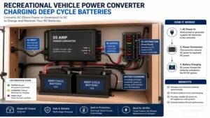recreational vehicle power converter charging deep cycle batteries in a camper