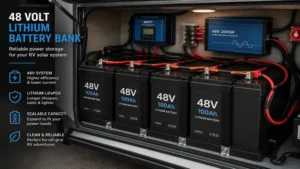 High-capacity lithium battery bank connected to an rv 48 volt solar kit power system