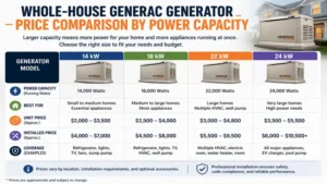 Cost of a Generac generator by whole-house power capacity and home size