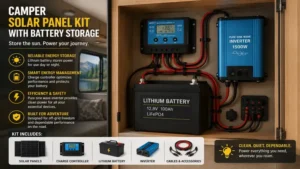 camper solar panel kit connected to lithium battery storage inside an RV